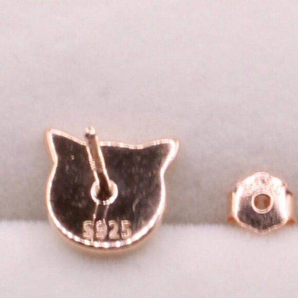 925 Sterling Silver Rose Gold Opal Kitty Cat Stud Earrings - Picture 5 of 5